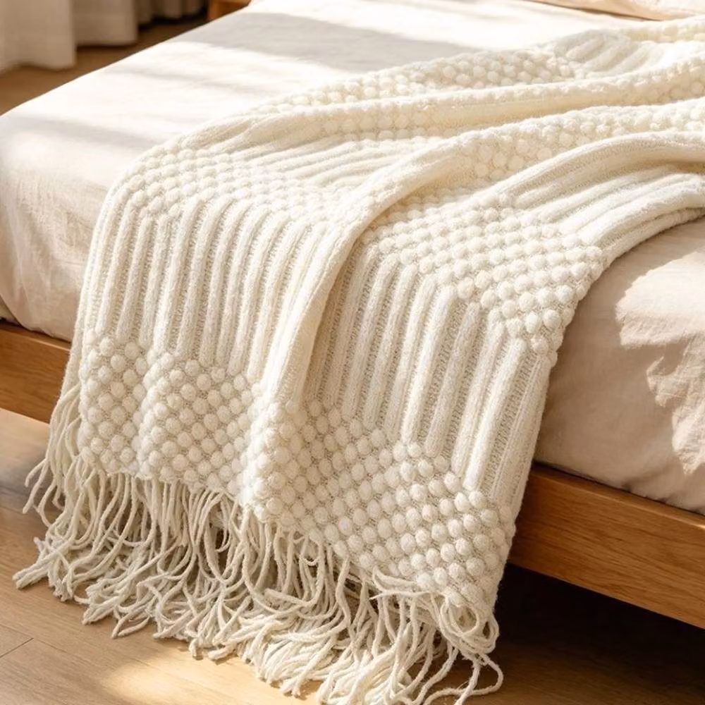 PAWNORA White Solid Knitted Throw Blanket, W: 150 cm, L: 200 cm – 2