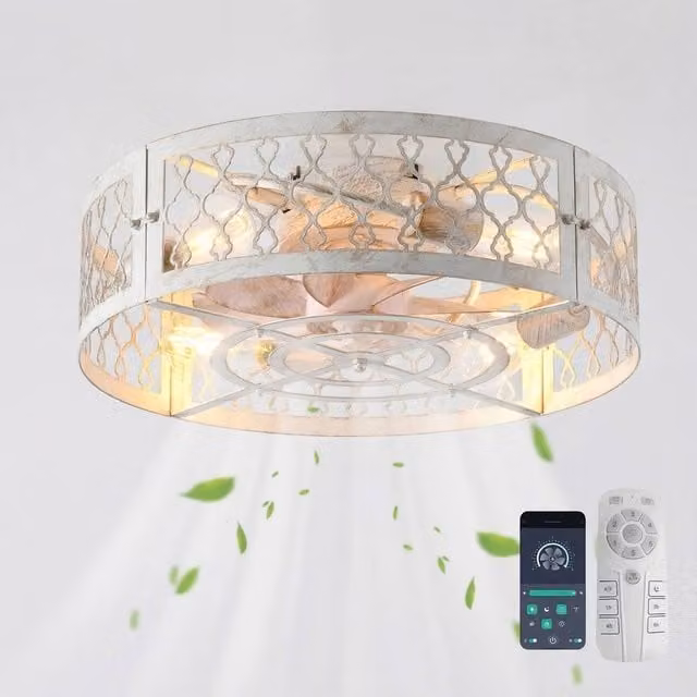 NIVOR Industrial Metal Caged Flush Ceiling Fan with Remote Control, 4 x E27, White – 1
