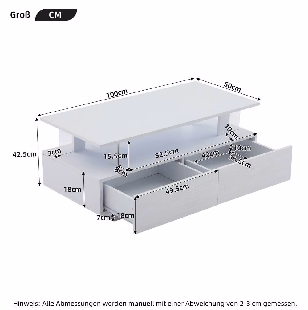 STILVORA Modern White Glossy Coffee Table with LED, Open Storage and 2 Drawers, W/D/H: 100 x 50 x 42.5 cm – 2