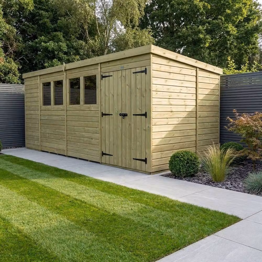 Buttercup Farm Brown Timber Pent Garden Shed with Double Doors and Windows, W: 305 cm, D: 305 cm, H: 210 cm – 2