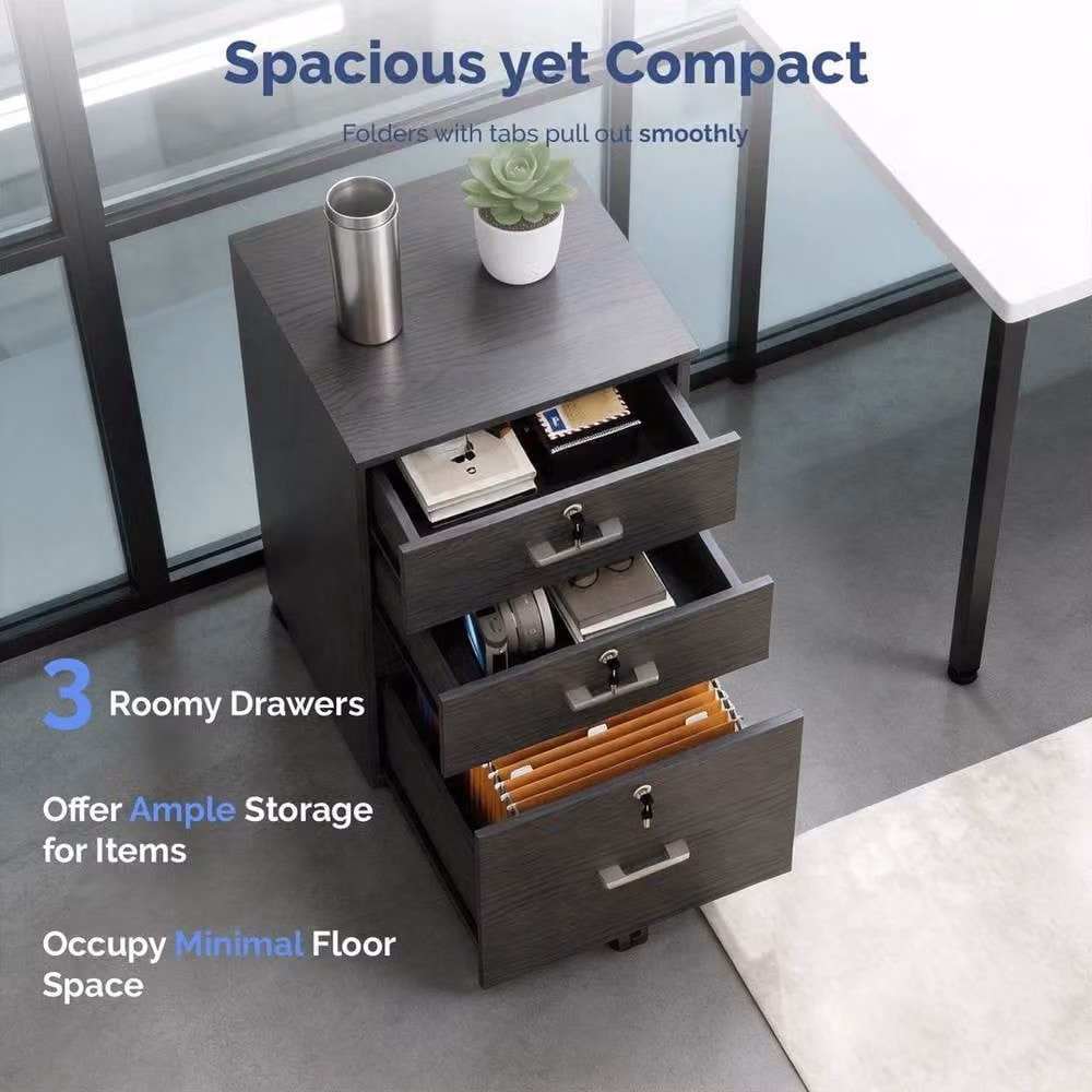 KORVIXA 3 Drawer Rolling File Cabinet in Black with Lock and Castors – 5