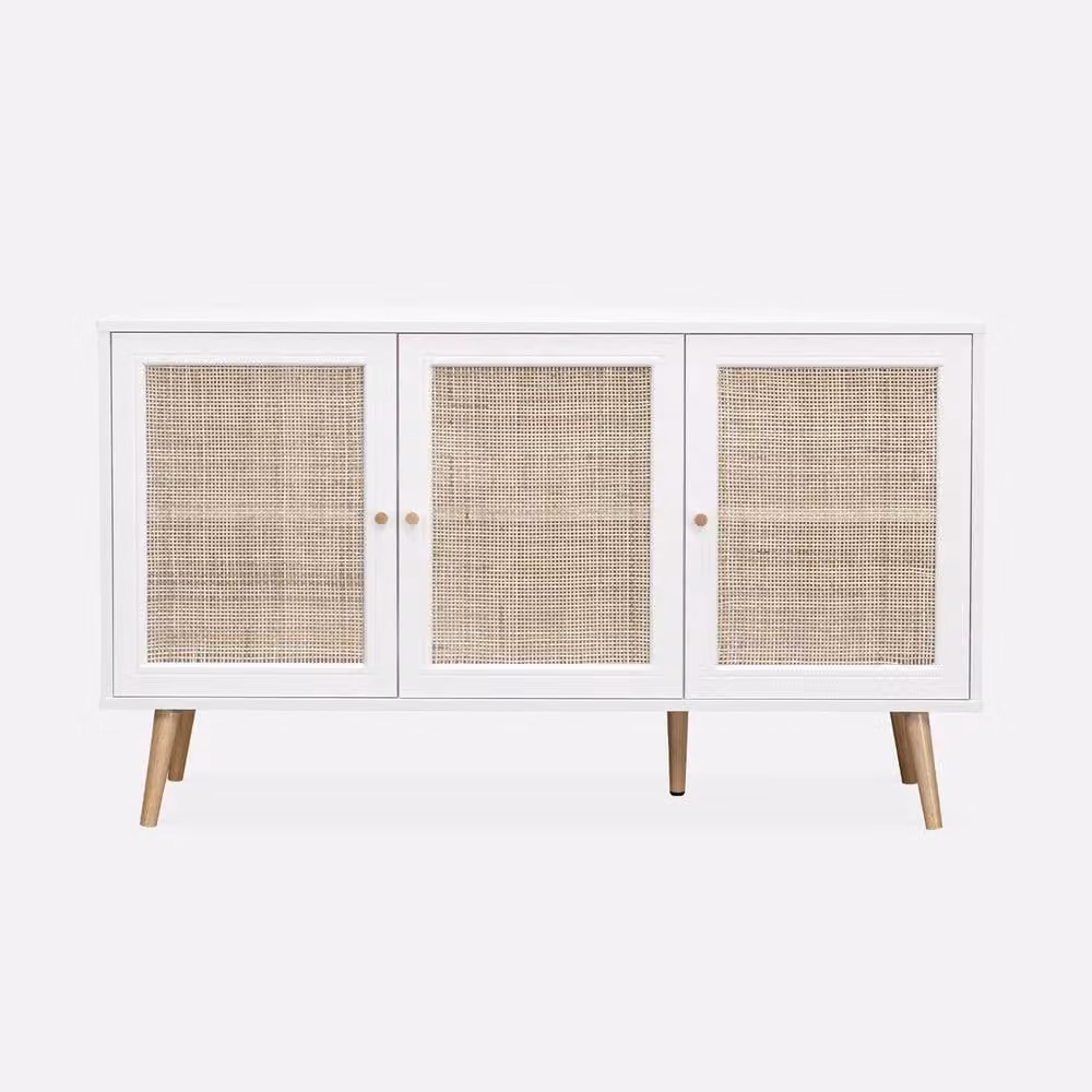 Sweekeek White Boho Sideboard Cabinet with Rattan and Glass Details, Width: 120 cm – 2