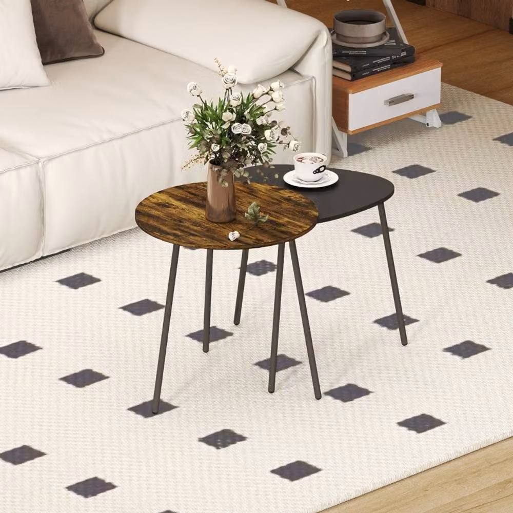 STILVORA Set of 2 Round Nesting Side Tables with Brown Composite Tops and Black Metal Frames – 3