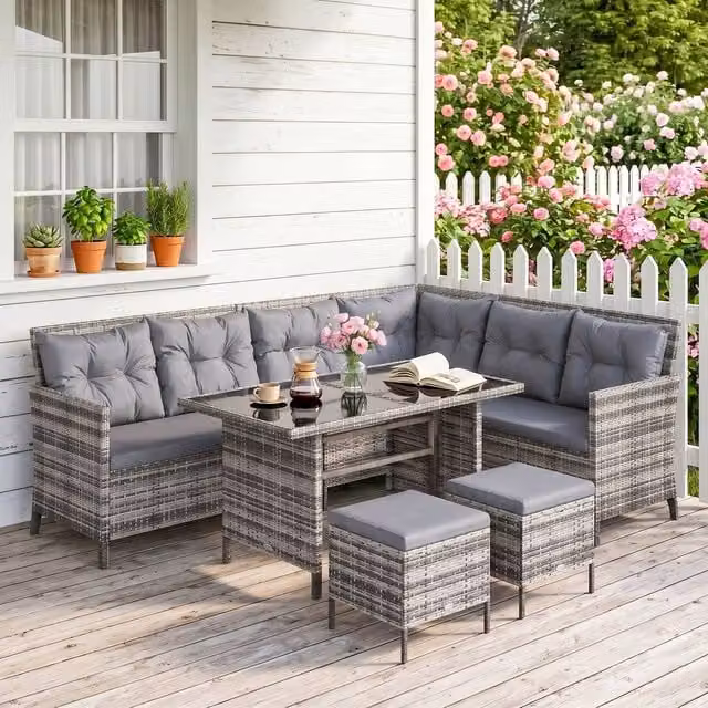 OUTSUNNY 6 Piece Rattan Garden Sofa Set with Grey Cushions and Black Wicker Frame