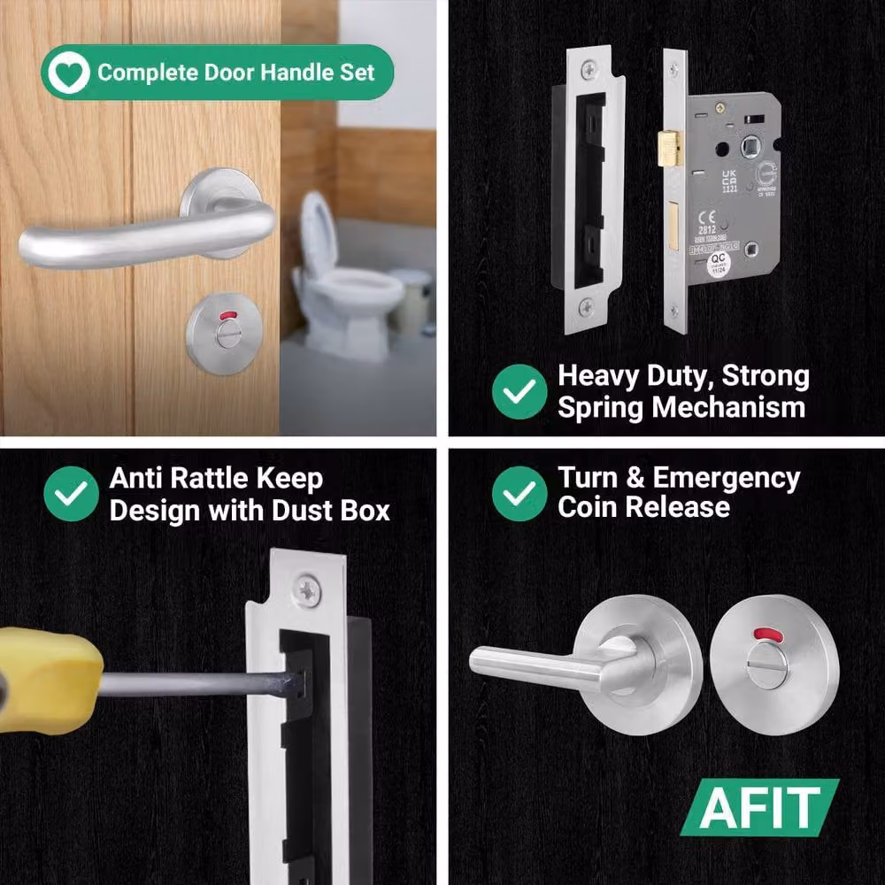 AFIT Satin Stainless Steel Return to Door Handles with Bath Lock, Silver, W/D/H: 150 x 150 x 64 mm – 3