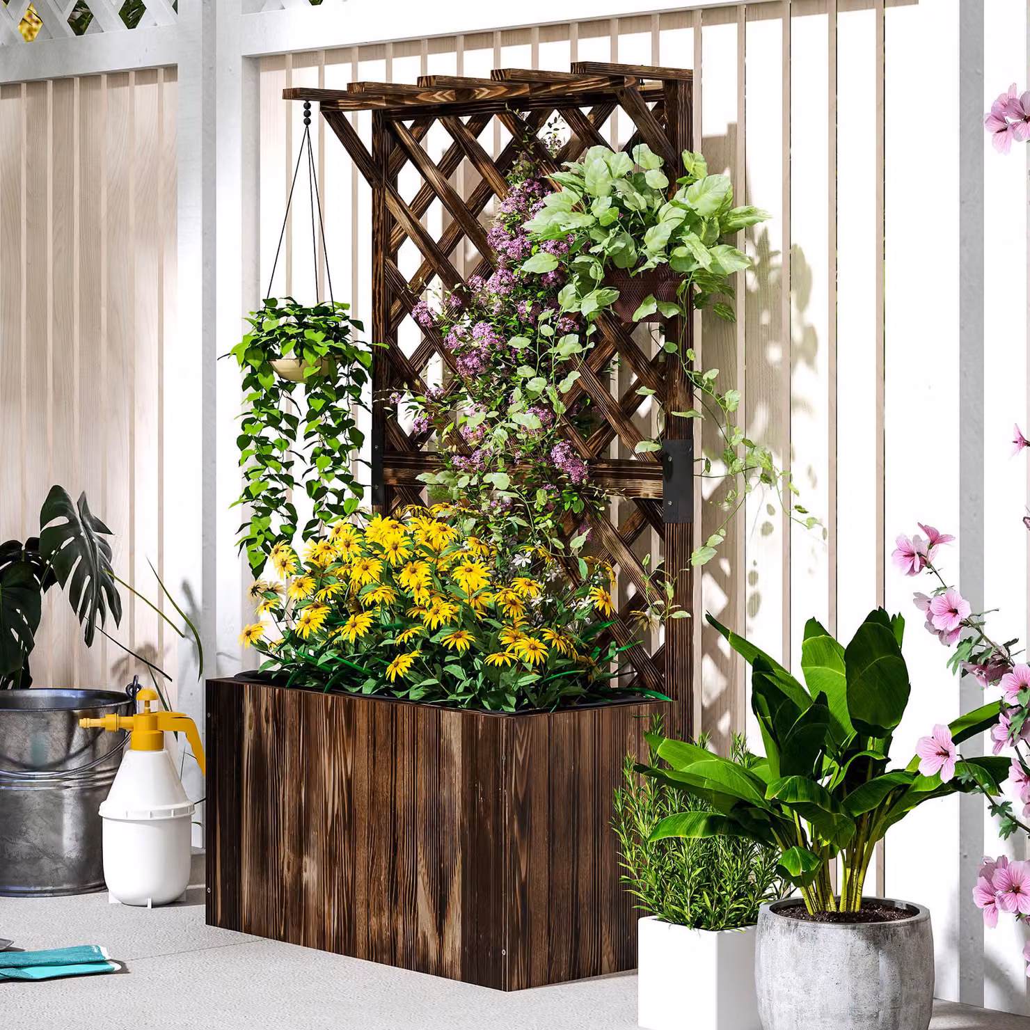 Outsunny Brown Wooden Raised Garden Bed with Trellis and Liner, W/D/H: 122 x 64 x 33 cm – 7