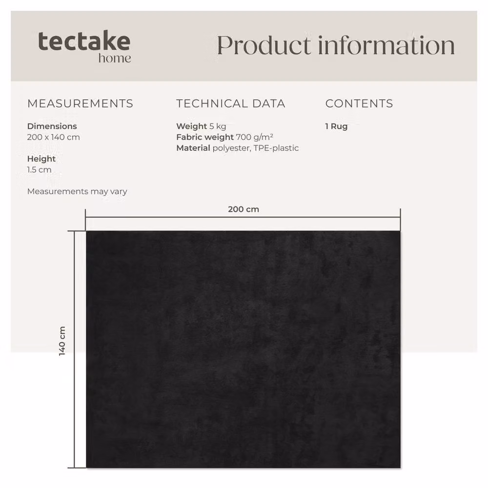 tectake Black Short-Pile Fluffy Rug, Allergy-Friendly, Washable and Non-Slip, W/D/H: 140 x 200 x 1.5 cm – 6
