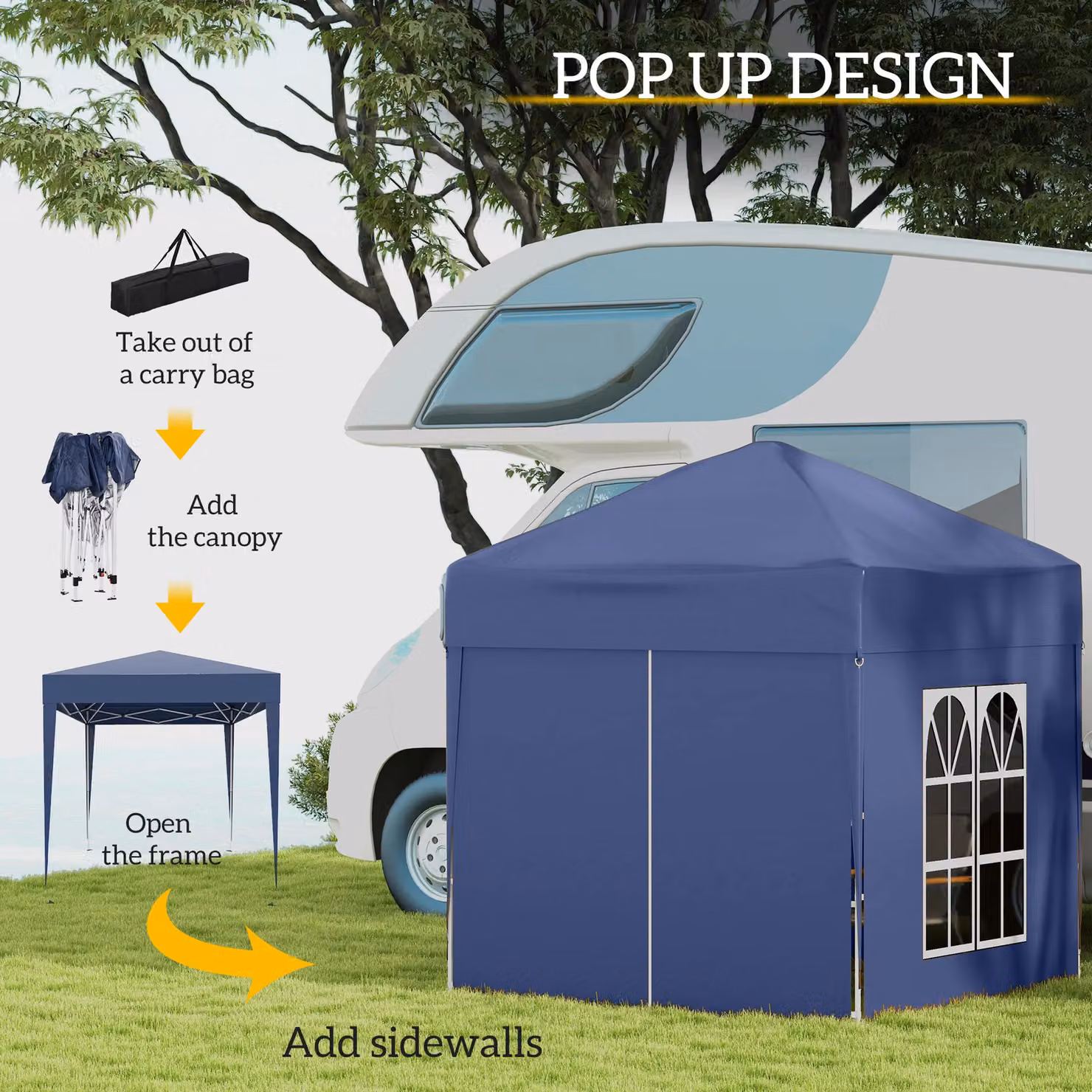 Outsunny Blue Pop Up Garden Gazebo Party Tent Marquee with Windows, W: 200 cm, D: 200 cm, H: 240 cm – 12