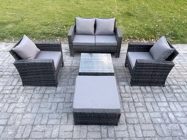 Fimous 5 Piece Outdoor Lounge Sofa Set with Square Coffee Table in Dark Grey Rattan and Powder Coated Steel
