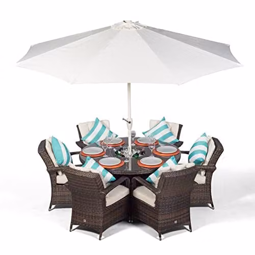 Thats Furniture Giardino Arizona 6 Seater Rattan Garden Dining Set with Ice Bucket Cooler in Brown, Diameter: 135 cm – 1