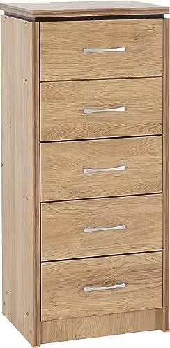 Seconique Charles 5 Drawer Narrow Chest in Oak and Walnut Effect with Silver Details