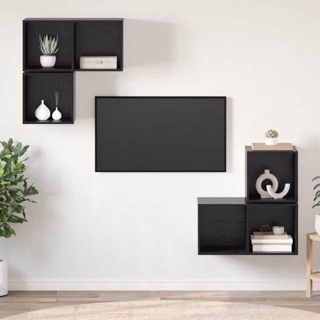 Berkfield Home 4-Piece Modern Wall-Mounted TV Cabinet Set in Black Oak, W/D/H: 37 x 37 x 72 cm