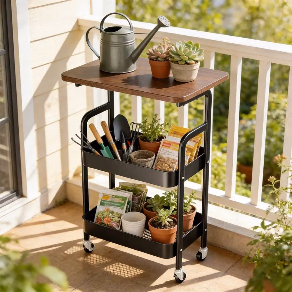 EONLION Black 3 Tier Metal and MDF Rolling Storage Trolley Cart – 3