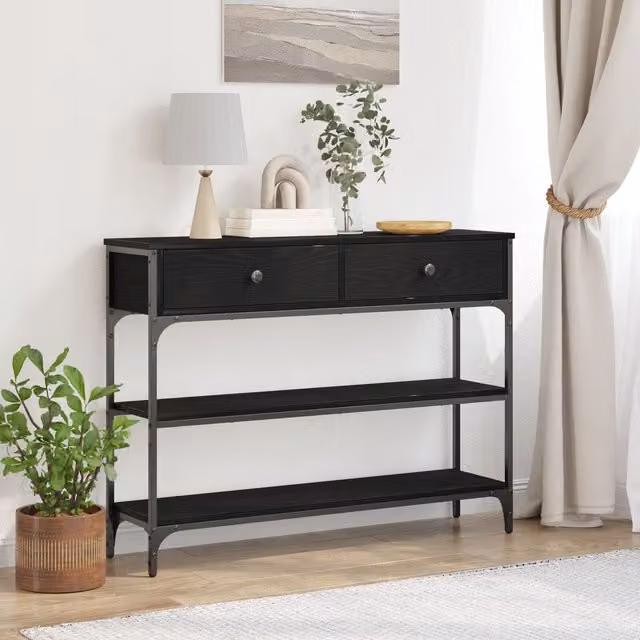 Berkfield Black Oak Console Table with Steel Frame, W/D/H: 100 x 25 x 75 cm