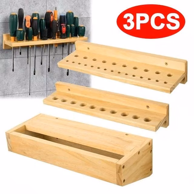 FLAVORA Wall Mounted Wood Screwdriver Rack in Brown