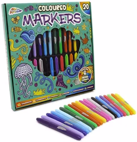 Grafix Neon Multicolour Ink Markers with Bullet Tip, 20 Pack
