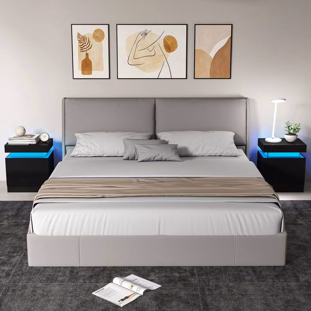 STILVORA Modern Black Glossy Bedside Table with Integrated LED Lighting and 2 Drawers – 2
