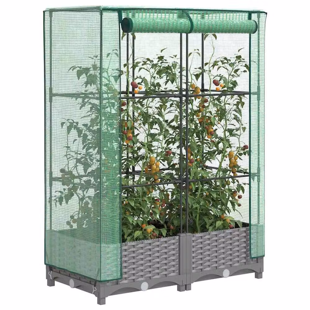 Berkfield Home Raised Bed with Greenhouse Cover in Light Grey Rattan Look, W/D/H: 80 x 40 x 123 cm – 2