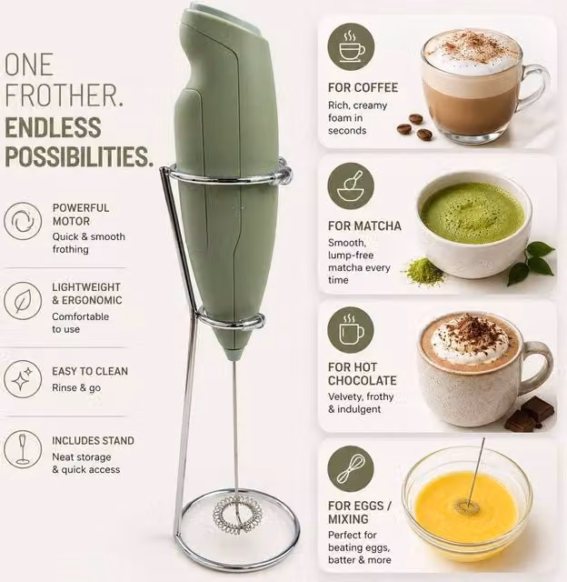 BluCore Wireless Electric Milk Frother and Mini Hand Whisk in Green – 1
