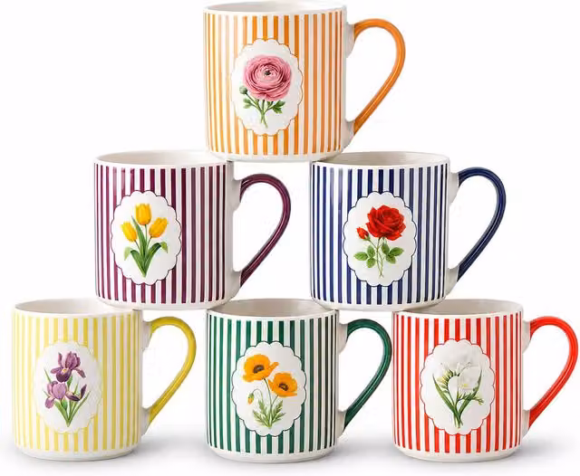Simpa The English Garden Floral Ceramic Mug Collection, Multicolour, Set of 6, 370ml per mug