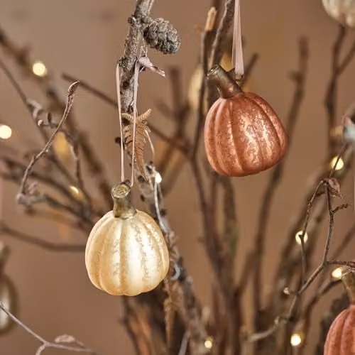 Lights4fun Autumn Halloween Felt Twig Tree and Mottled Mercury Glass Mini Pumpkin Hanging Decorations Bundle in Orange, Yellow and White – 2