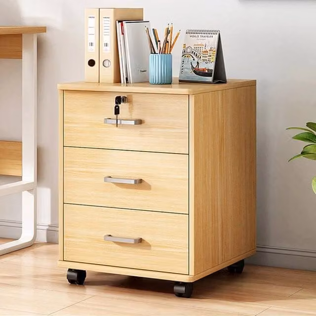 KORVIXA 3 Drawer Mobile Filing Cabinet for Home Office in Natural Brown and Beige Wood, Height: 100 cm