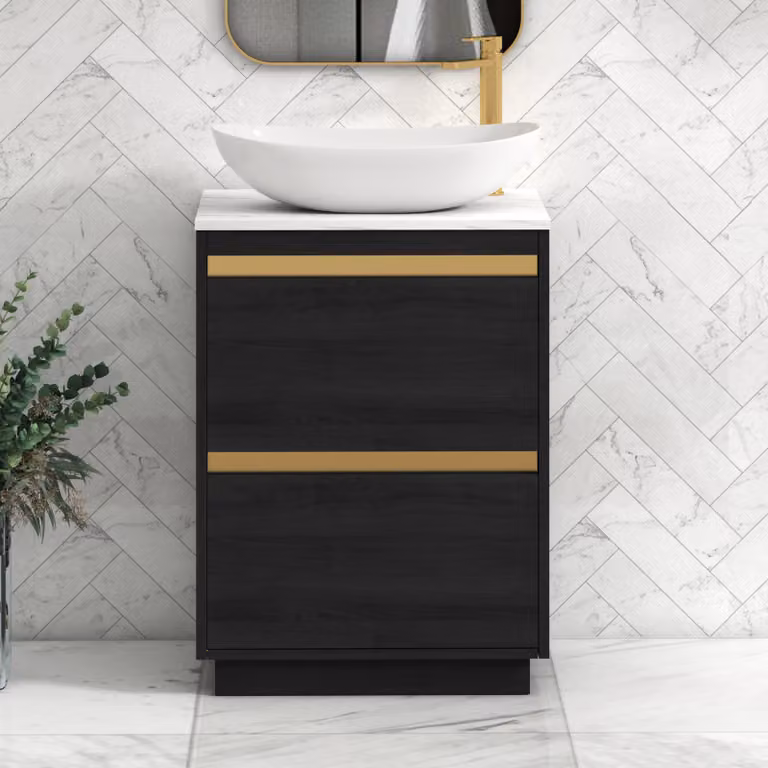 Royal Bathrooms Orion 800mm Hale Black Floor Standing Vanity Unit with Cesar White Carrara Countertop and Brushed Brass Accents