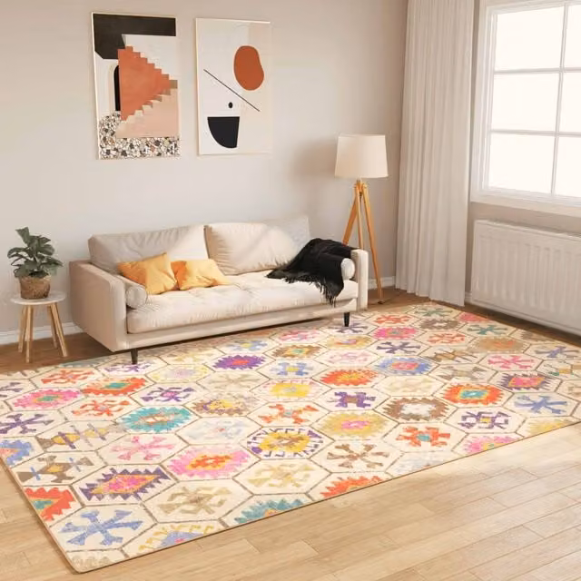 Berkfield Home Washable Geometric Round Anti Slip Rug in Multicolour, Diameter: 100 cm