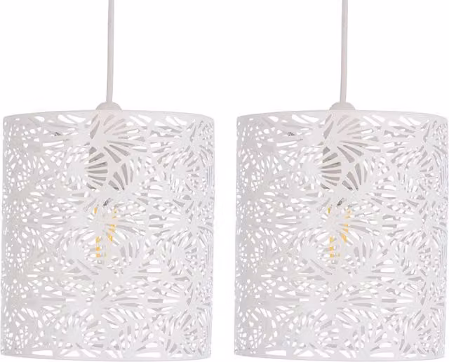 First Choice Lighting Maui Set of 2 White Cut Out Metal Leaf Cylinder Pendant Light Shades – 1