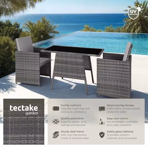 tectake Rattan Bistro Set in Grey with 2 Chairs and 1 Table featuring Glass Top and Removable Cushions – 2