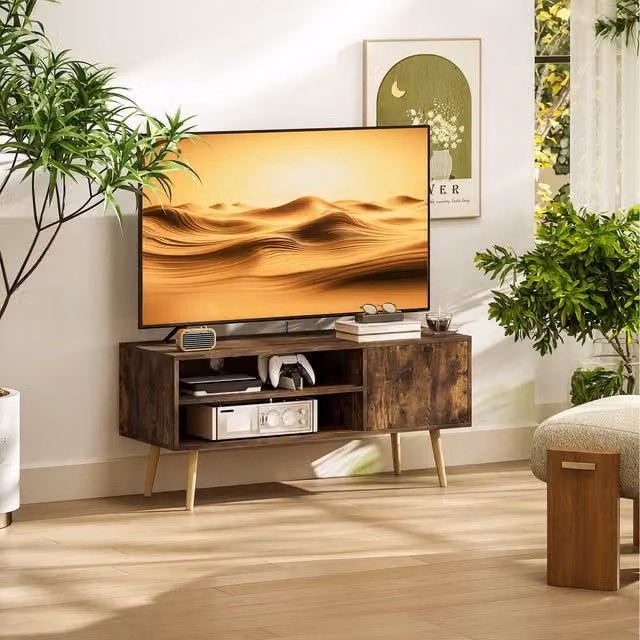 HOMCOM Mid-Century TV Stand Cabinet with Cable Management in Brown