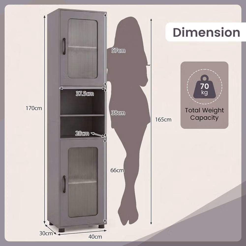 Costway Tall Grey Bathroom Storage Cabinet with Glass Doors and Adjustable Internal Shelves – 2