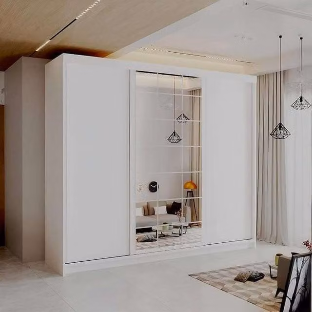 Sliding Wardrobes 4U Modern White Sliding Wardrobe with Integrated LED Lighting and Mirror, W: 250 cm, H: 217 cm, D: 62 cm