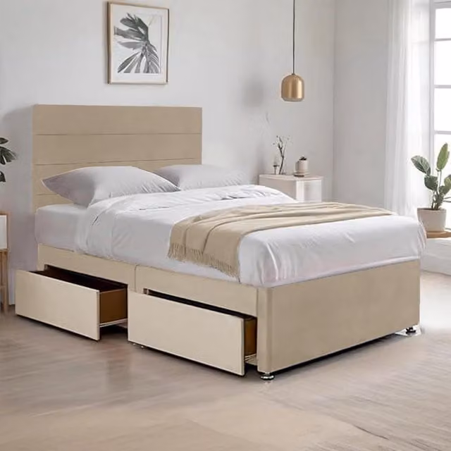 Bed Time UK Cosy Plush Divan Bed with Hybrid Mattress, Drawers and 20 inch Headboard in Beige, Super King, W/D/H: 200 x 200 cm