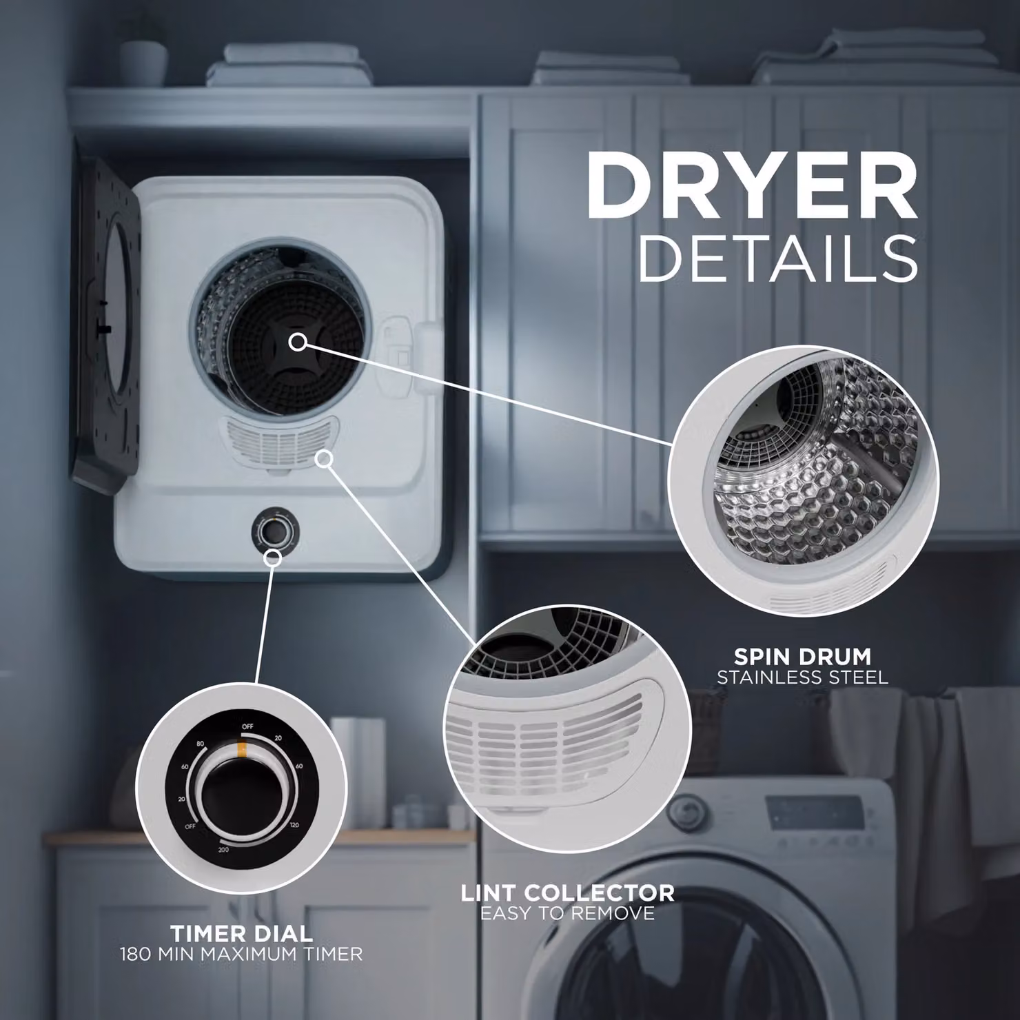 DMD Collective 3kg Mini Compact Vented Tumble Dryer, 830W, 5 Modes, White, Freestanding or Wall Mounted – 6