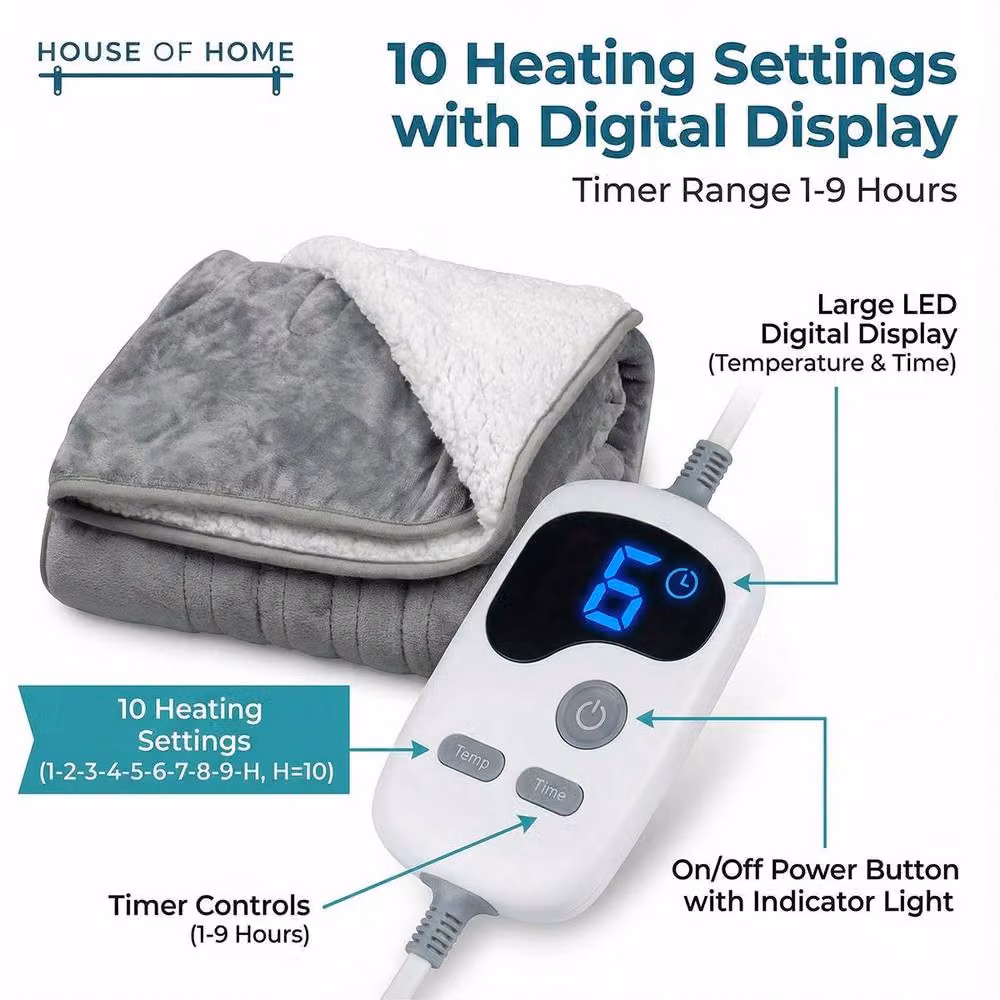 House of Home Electric Heated Fleece Throw Blanket in Light Grey, W/D/H: 180 x 130 x 68 cm – 2