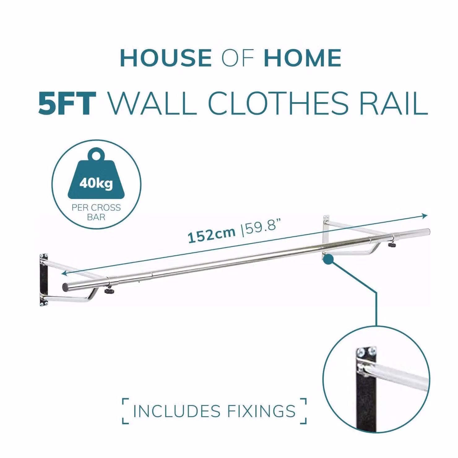 House of Home Wall Mounted Metal Clothes Rail in Silver, 152.4 cm Length – 2