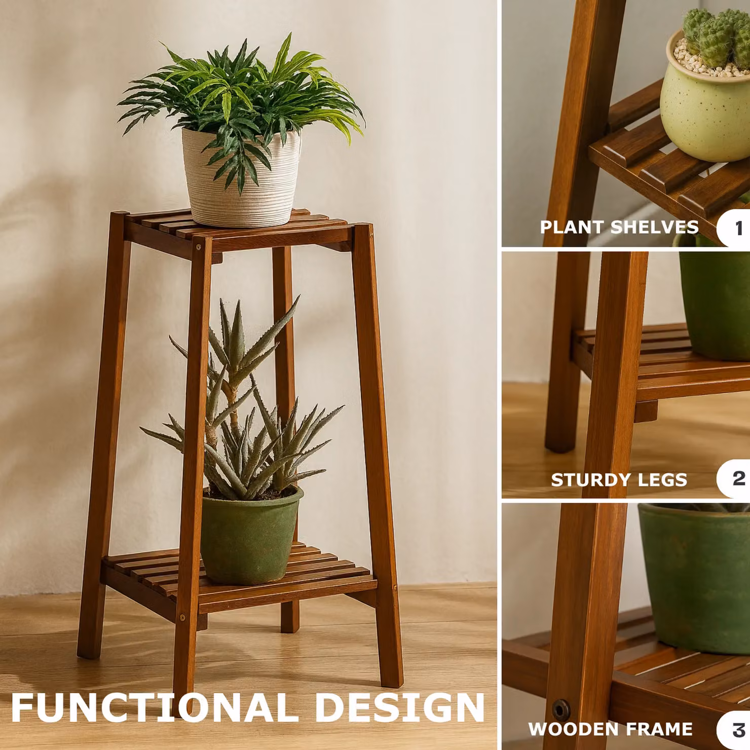 Rafaelo Mobilia 2 Tier Wooden Indoor Outdoor Plant Stand in Brown – 4