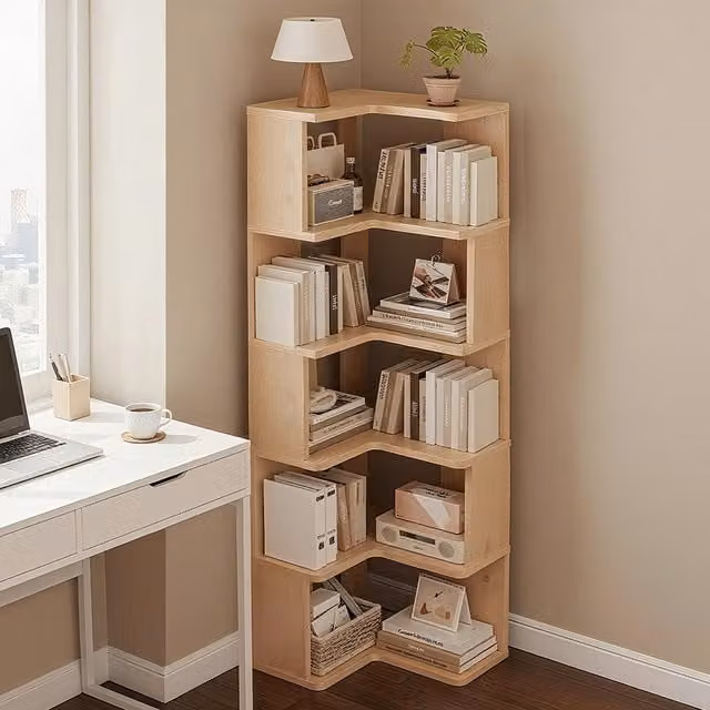 Livingandhome L-shaped Corner Wooden Bookshelf in Neutral Wood, Height: 162 cm