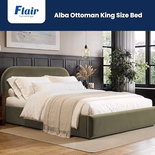 Flair Furnishings Alba Ottoman Bed, King Size Upholstered Bed Frame with Storage and Curved Headboard, Green Velvet, H 221 cm x W 180 cm x D 200 cm – 3