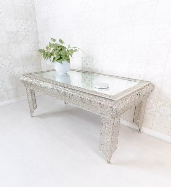 Downton Interiors Agadir Silver Embossed Metal and Mirrored Glass Coffee Table