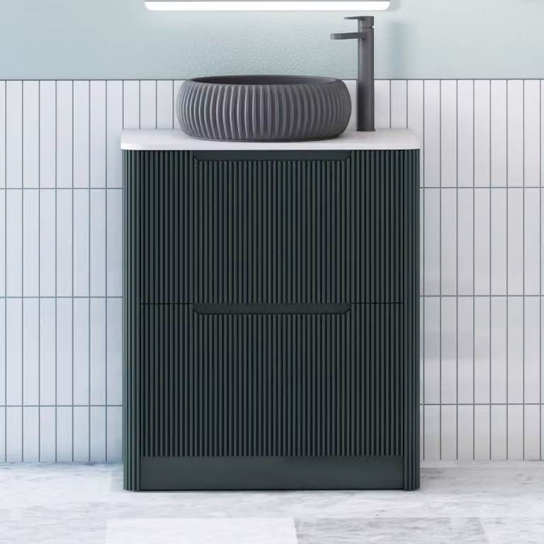 Royal Bathrooms Avenza Floor Standing Vanity Unit with 2 Drawers, Moss Green Finish, Plain White Worktop and Milan Black Basin, Depth: 60 cm
