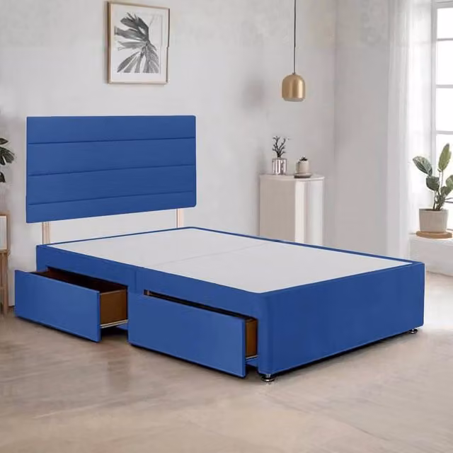 Bed Time UK Plush Upholstered Divan Bed Frame with 2 Drawers in Blue, W/D/H: 120 x 200 cm