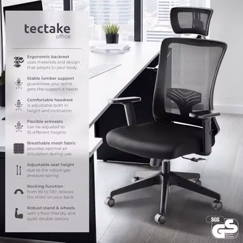tectake Ergonomic Office Chair in Black with Headrest, Armrests and 360 Degree Swivel Function – 3