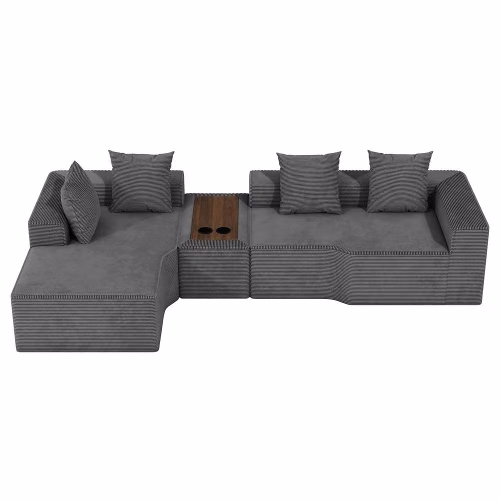 Dprodo Grey Corduroy Left L-Shaped Modular Sofa with Cup Holder Table and Scatter Cushions, 320 cm – 9