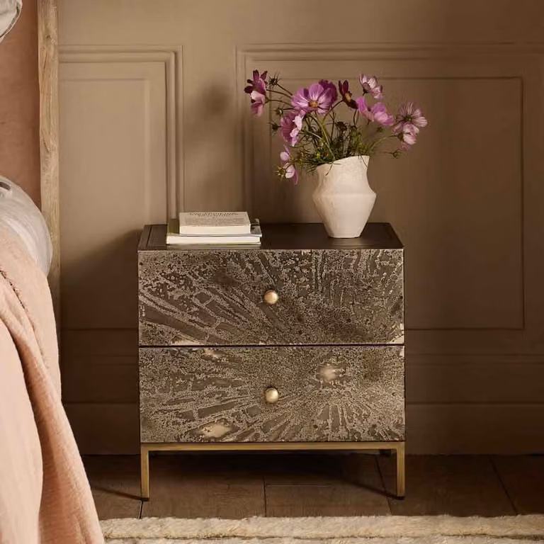 Atkin and Thyme Zenith Bedside Drawers in Grey, Bronze and Multicolour with Abstract Metal Design