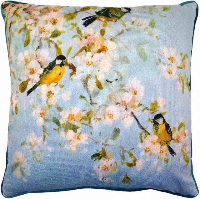 Fletcher Prentice Song Birds & Apple Blossom Filled Cushion in Bright Blue