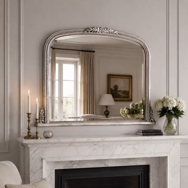 Yearn Mirrors Beaded Overmantle Mirror in Silver, W: 101 cm, H: 66 cm