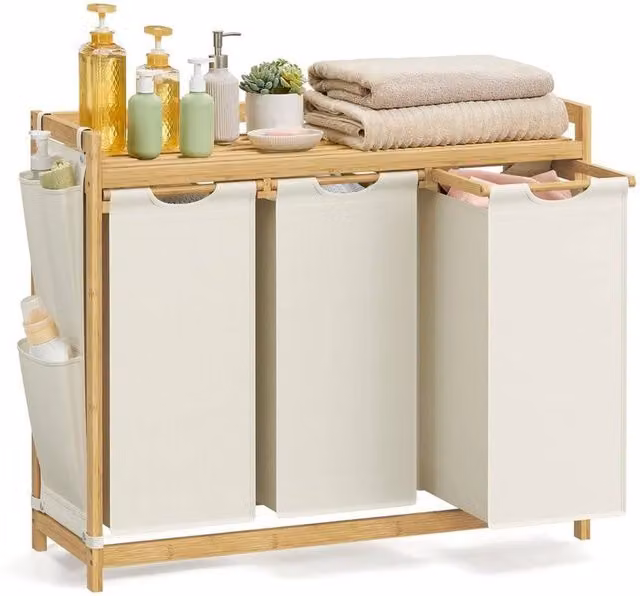 Kelvenix White Laundry Basket with 3 Compartments and Removable Bag