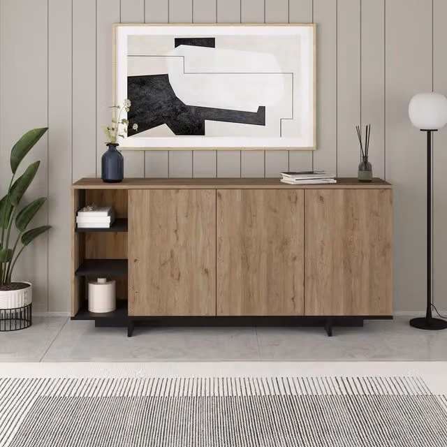 Decortie Modern 3 Door Sideboard Storage Cabinet Unit with Open Shelves in Matt Black, White and Brown